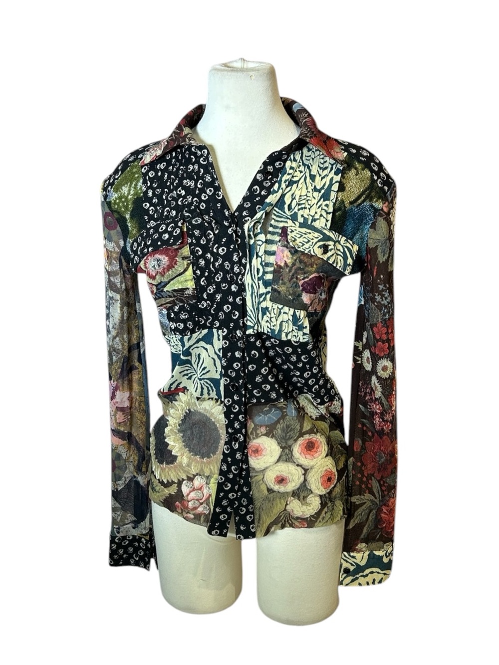 Y2K Fuzzi Patchwork Print Mesh Button Down L/S Top - Small Medium